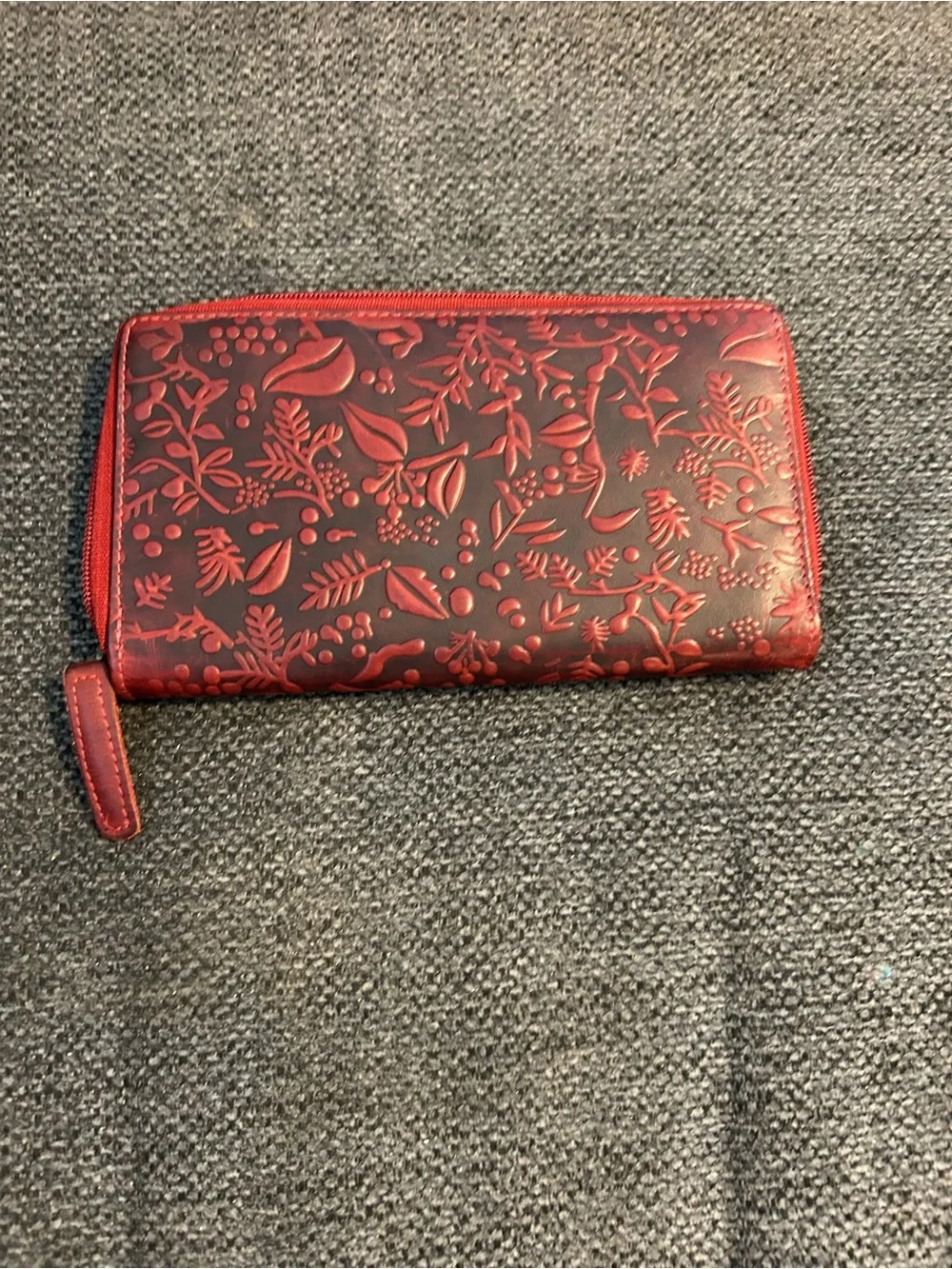 Valenchi Leather Red Embossed Floral Zip Wallet